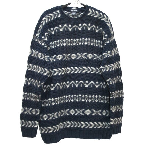 Nautica Mens XL Heavyweight Handknit Sweater Blue Gray Fisherman 3D-Knit - Picture 1 of 9